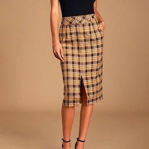 Faylen Mustard Yellow Plaid Belted Midi Skirt